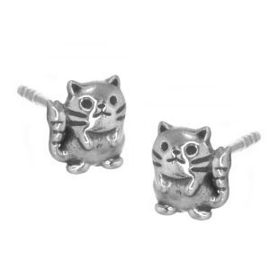 Cats Collection: Cute Sterling Silver Kitten Stud Earrings (7mm x 6mm) (E686)