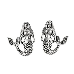 NEW Quirky Sterling Silver Jewellery: Small Oxidised Mermaid Stud Earrings (9mm x 12mm) (E227)