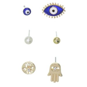 Set of Gold and Blue Tone Hamsa and Evil Eye Theme Stud Earrings (0.4cm-1.4cm) (M734)A)