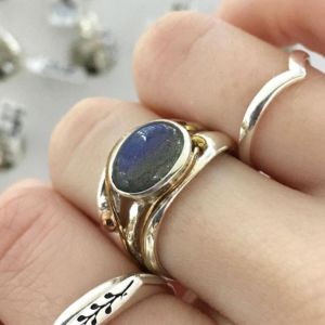 Sterling Silver and Labradorite Ring with Gold Detail