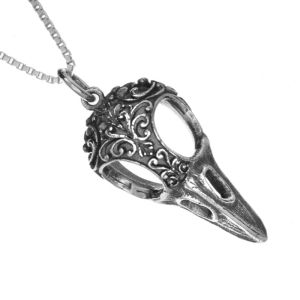 Gothic Sterling Silver Oxidised Raven Skull Pendant with Filigree Detail (11mm x 28mm) (N383)