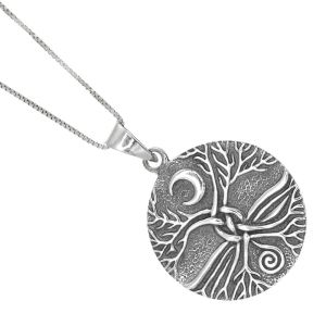 Oxidised Sterling Silver Tree of Life and Crescent Moon Pendant (26mm Diameter) (N290)