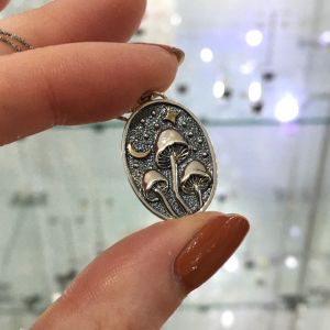 Oxidised Sterling Silver Mushroom Pendant with Bronze Stars and Moon (26mm x 15mm) (N351)