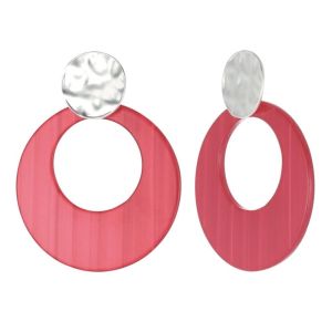 Statement Fashion Jewellery: Dimpled Matt Silver and Large Pink Disc Drop Earrings (55mm x 43mm) (YK101)p)