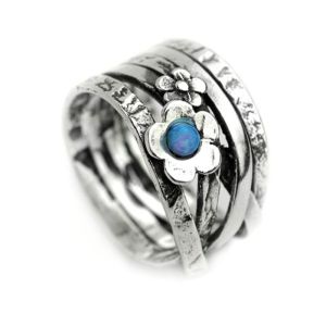Aviv Sterling Silver: Chunky Ring with Blue Opal and Floral Motif